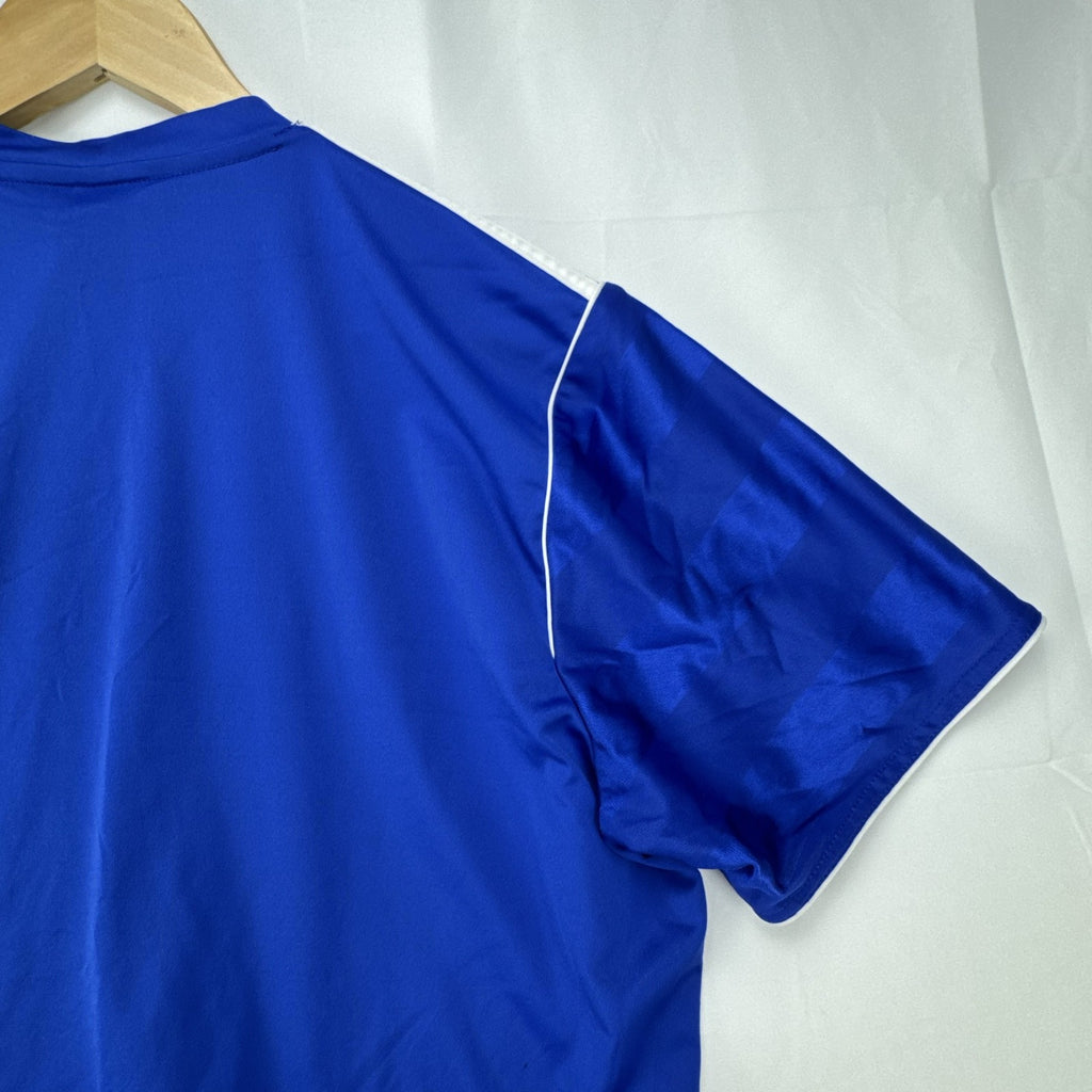 adidas men's Climalite soccer jersey in royal blue with white shoulder stripes, size large