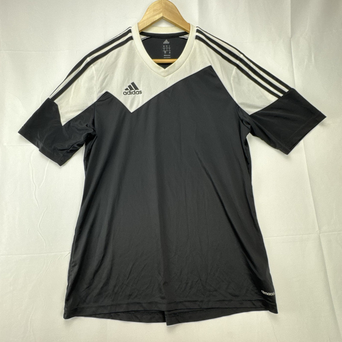 Adidas Climacool short sleeve soccer jersey in black and white with 3-Stripes shoulder detailing, men's size large