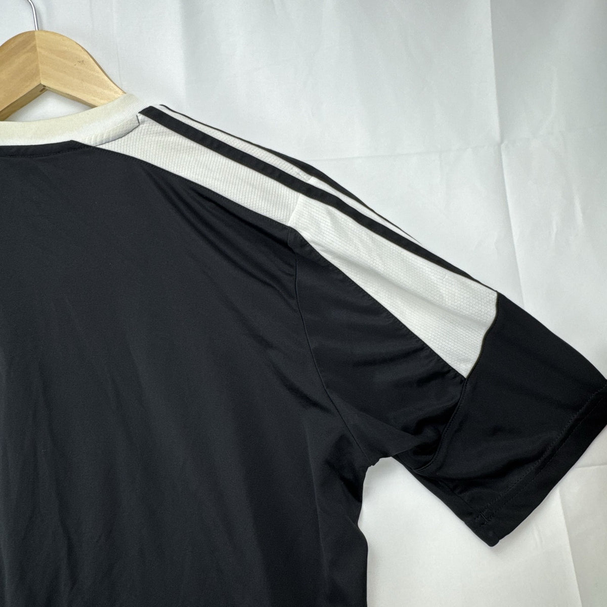 Adidas Climacool short sleeve soccer jersey in black and white with 3-Stripes shoulder detailing, men's size large