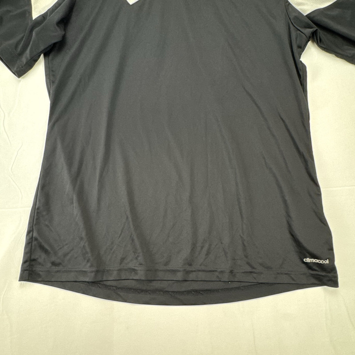 Adidas Climacool short sleeve soccer jersey in black and white with 3-Stripes shoulder detailing, men's size large