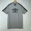 Umbro men's gray short sleeve soccer training jersey in size M featuring logo tape detailing