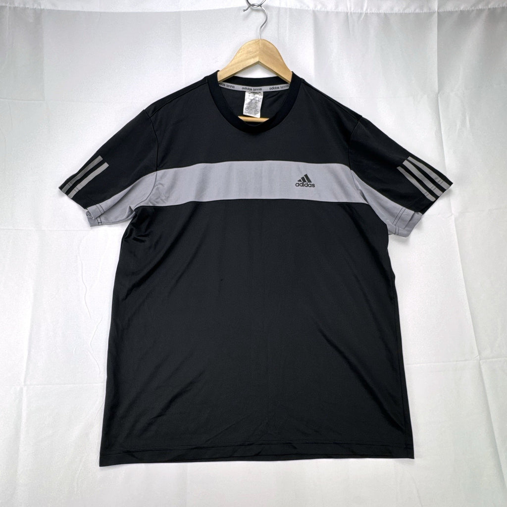 Men's adidas Climalite black and gray colorblock tennis t-shirt with 3-stripes sleeves in size Large