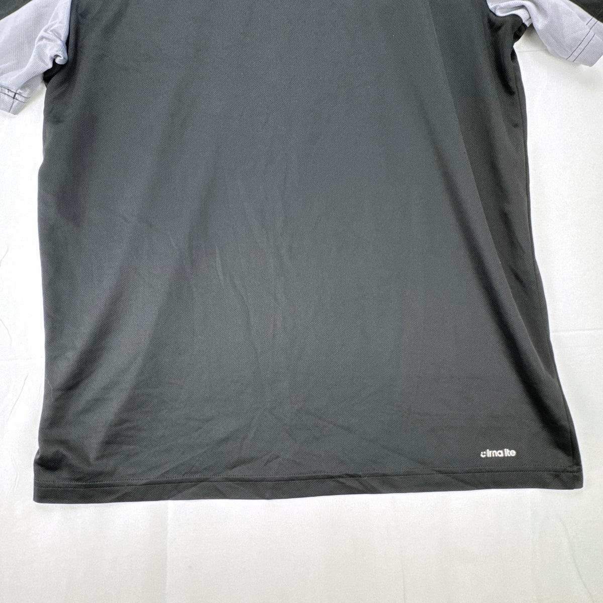 Men's adidas Climalite black and gray colorblock tennis t-shirt with 3-stripes sleeves in size Large
