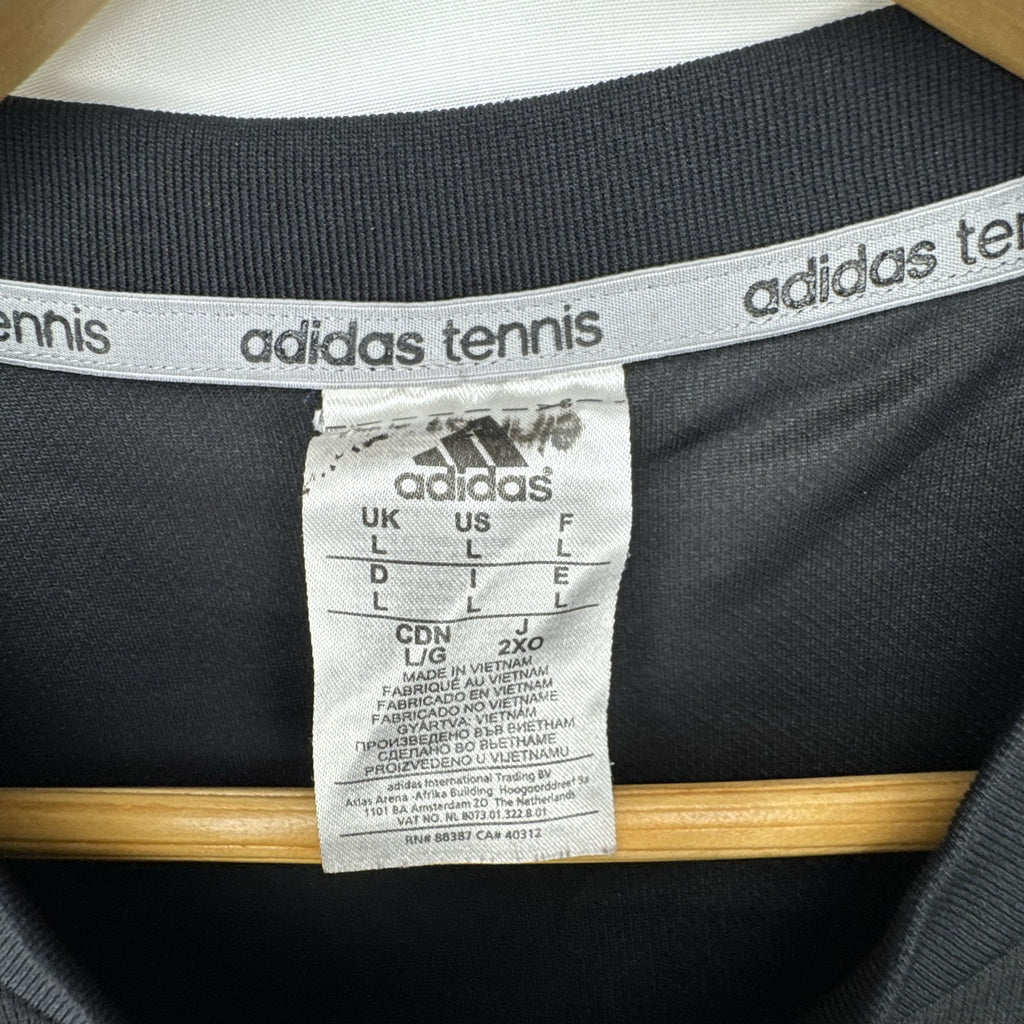 Men's adidas Climalite black and gray colorblock tennis t-shirt with 3-stripes sleeves in size Large