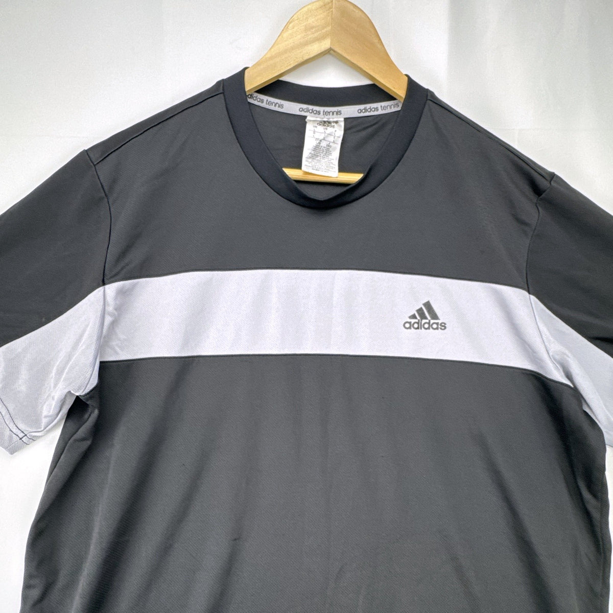 Men's adidas Climalite black and gray colorblock tennis t-shirt with 3-stripes sleeves in size Large