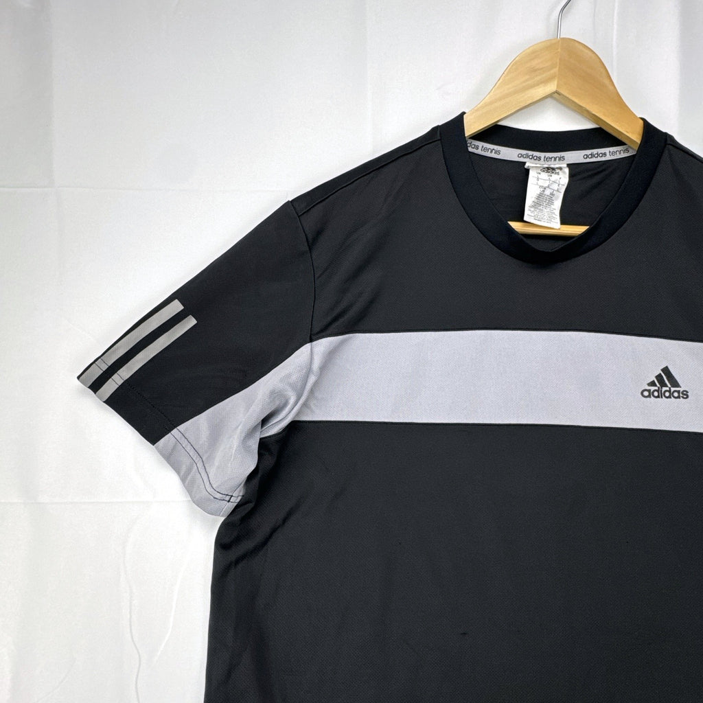 Men's adidas Climalite black and gray colorblock tennis t-shirt with 3-stripes sleeves in size Large