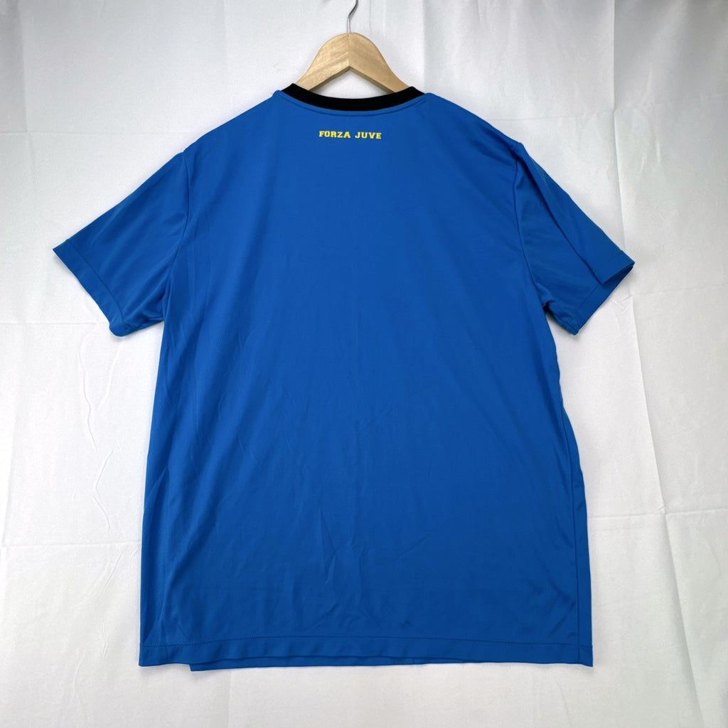 Juventus FC blue short-sleeve soccer jersey in men's XL with V-neck collar and Forza Juve back graphic