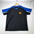 Manchester United men's soccer jersey in black with blue shoulder panels and embroidered crest