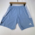 Adidas men's light blue Climalite soccer shorts with white 3-stripes in size Medium.
