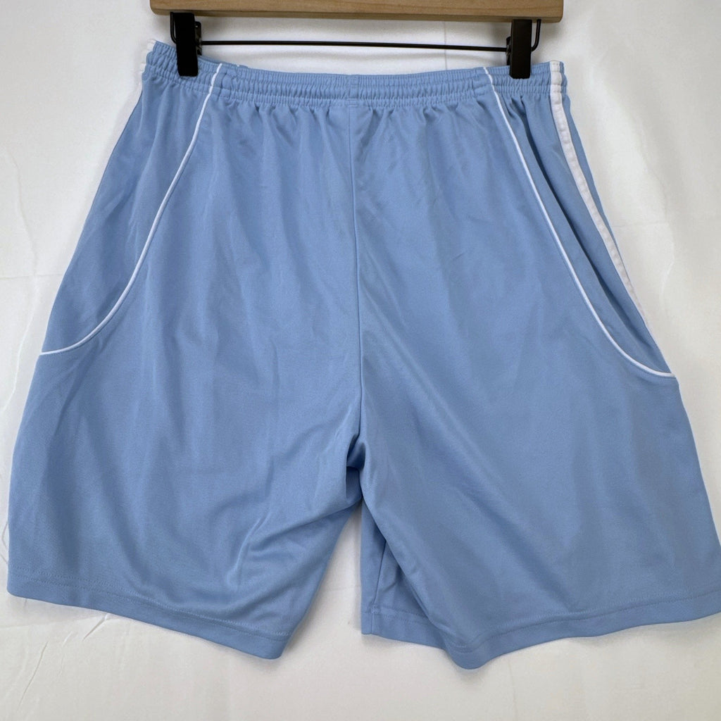 Adidas men's light blue Climalite soccer shorts with white 3-stripes in size Medium.