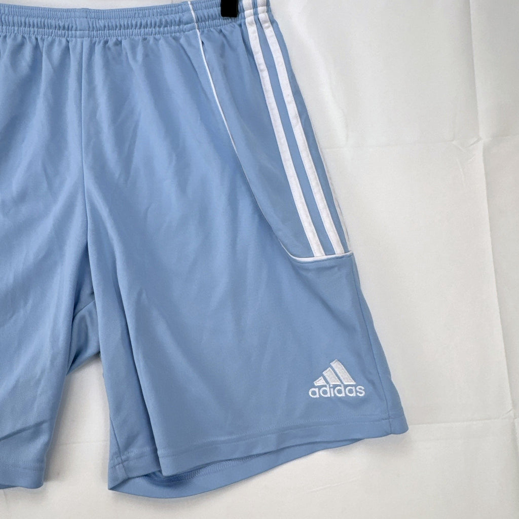 Adidas men's light blue Climalite soccer shorts with white 3-stripes in size Medium.