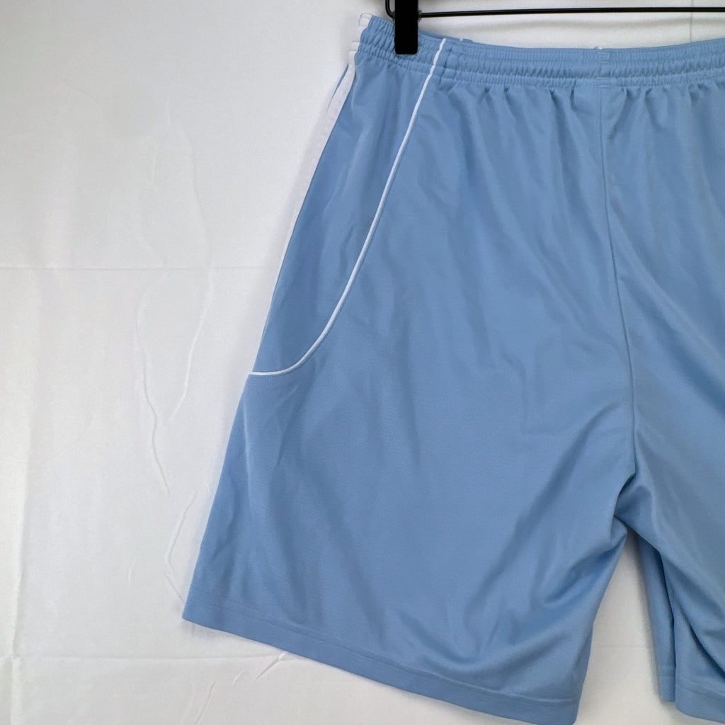 Adidas men's light blue Climalite soccer shorts with white 3-stripes in size Medium.