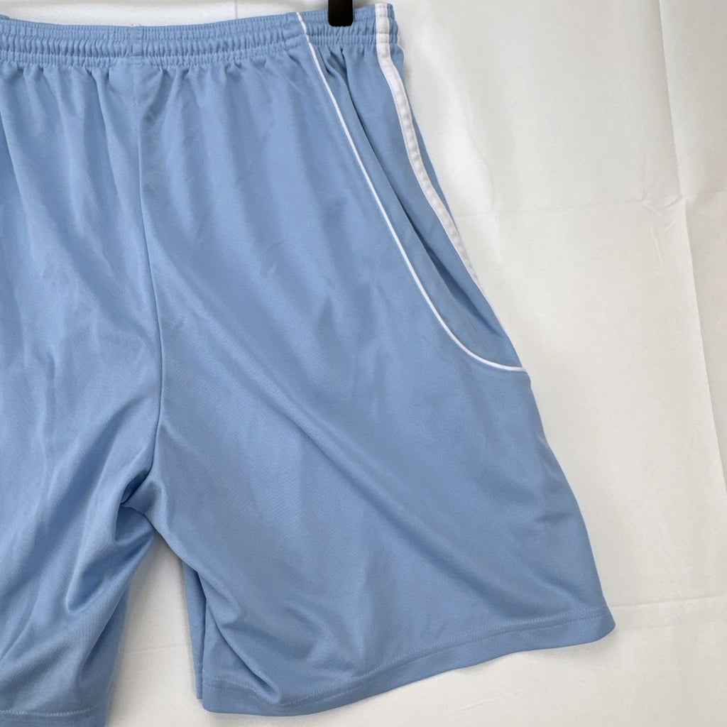 Adidas men's light blue Climalite soccer shorts with white 3-stripes in size Medium.