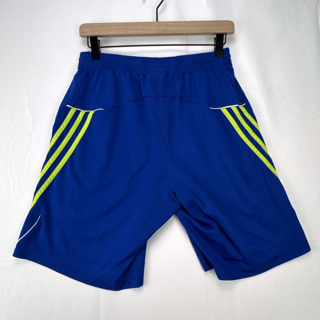 adidas men's royal blue athletic shorts with neon yellow three stripes, size medium