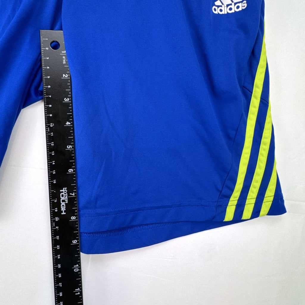 adidas men's royal blue athletic shorts with neon yellow three stripes, size medium