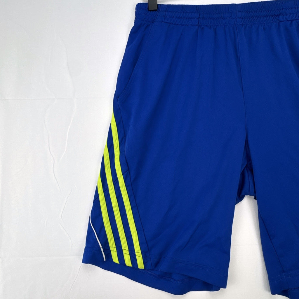 adidas men's royal blue athletic shorts with neon yellow three stripes, size medium