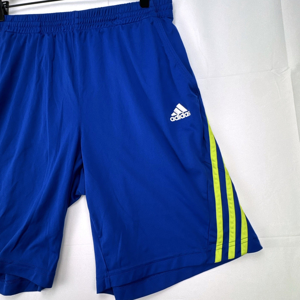adidas men's royal blue athletic shorts with neon yellow three stripes, size medium