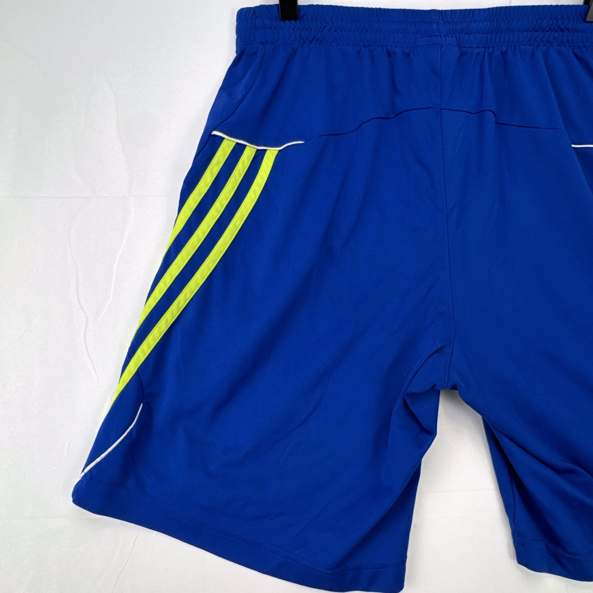 adidas men's royal blue athletic shorts with neon yellow three stripes, size medium