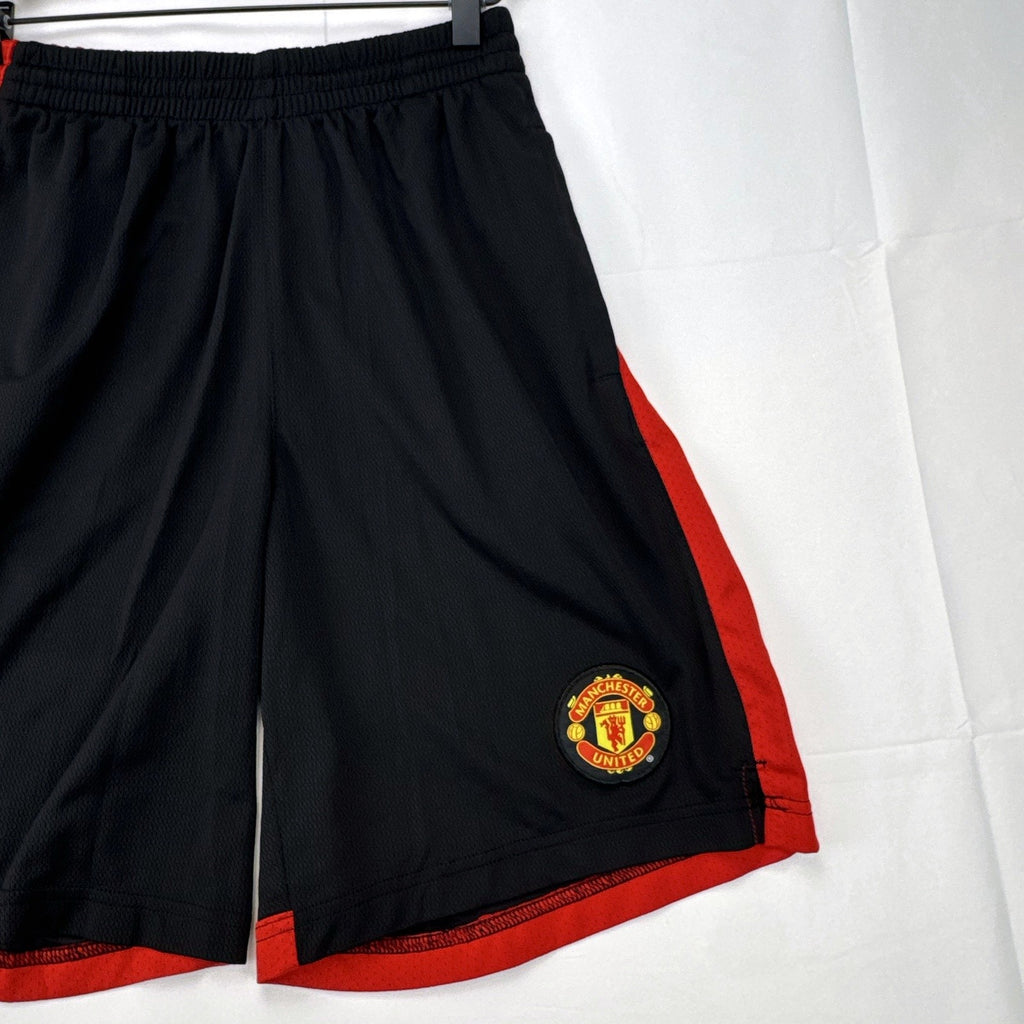 Manchester United men's black and red soccer shorts in size small with woven team crest and embroidered MUFC lettering