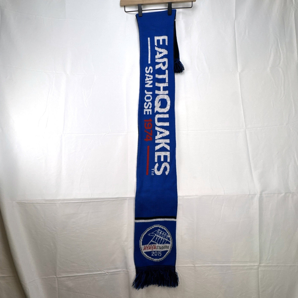 San Jose Earthquakes 2015 Avaya Stadium inaugural season reversible knit soccer scarf in blue and black