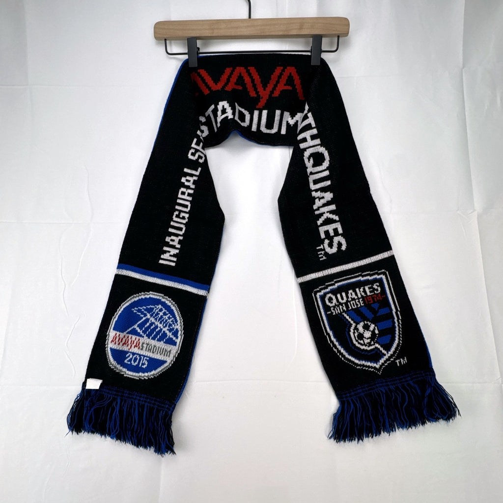 San Jose Earthquakes 2015 Avaya Stadium inaugural season reversible knit soccer scarf in blue and black