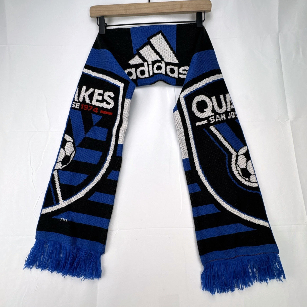 adidas San Jose Earthquakes blue and black knit soccer fan scarf with fringe trim