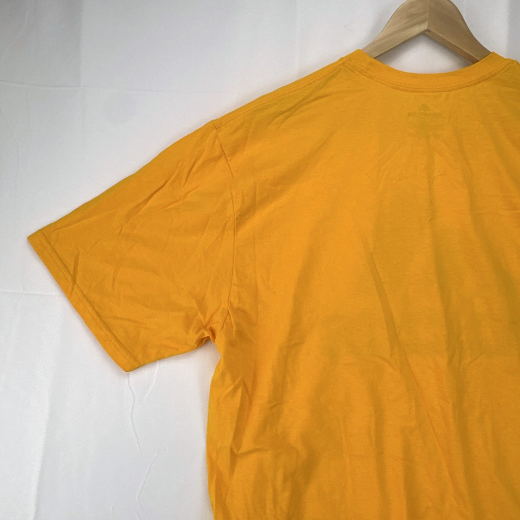 Front view of yellow adidas The Go-To graphic t-shirt in men's XL with black Badge of Sport logo