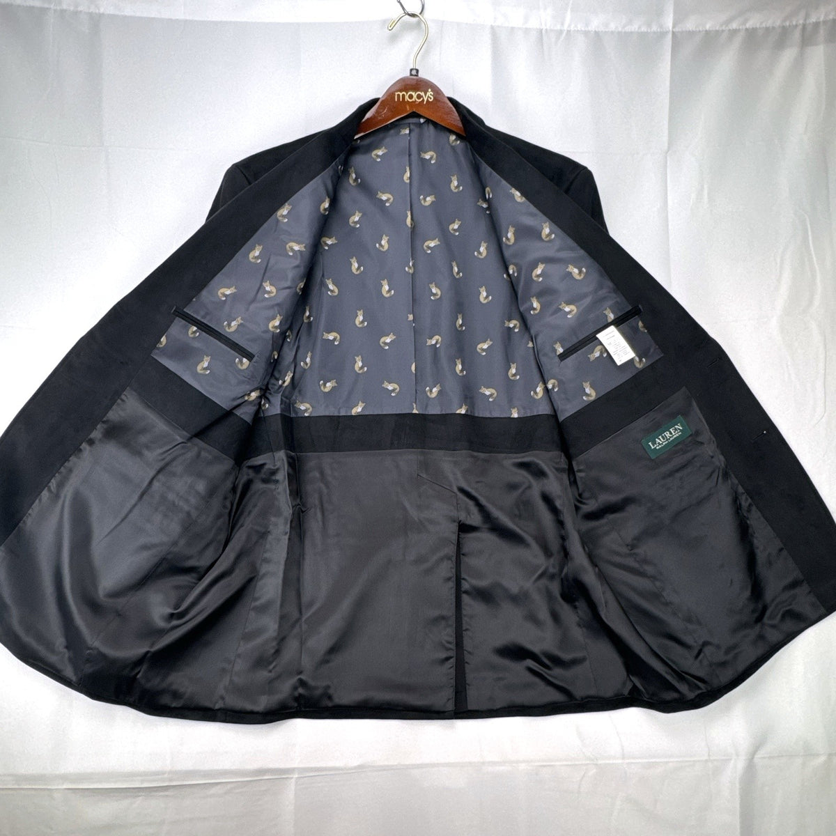 Lauren Ralph Lauren men's black faux suede sport coat in size 46L with fox print lining