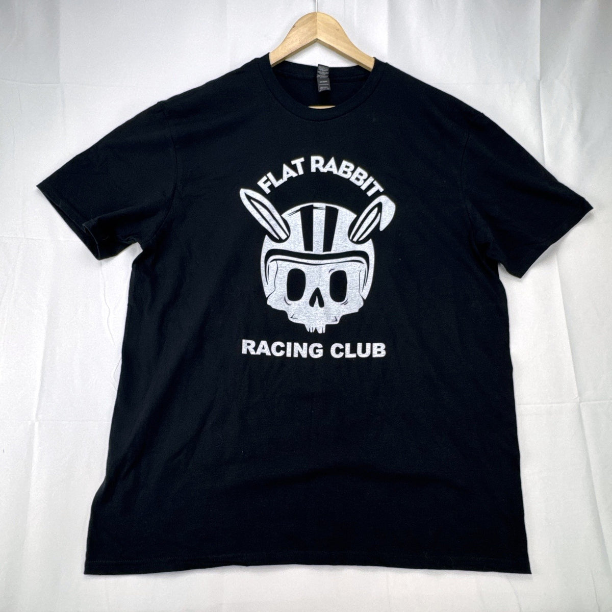 Black Anvil Men's XL Flat Rabbit Racing Club graphic t-shirt featuring helmeted bunny skull
