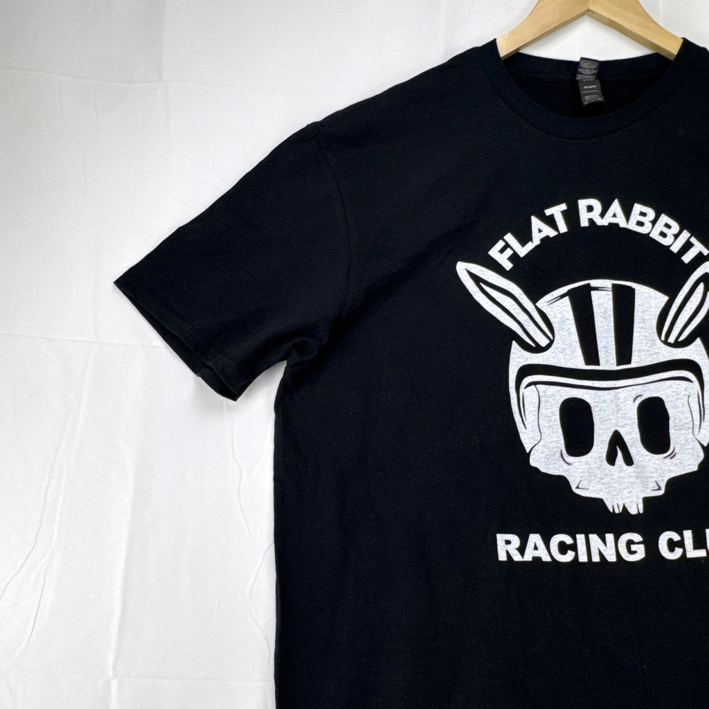 Black Anvil Men's XL Flat Rabbit Racing Club graphic t-shirt featuring helmeted bunny skull