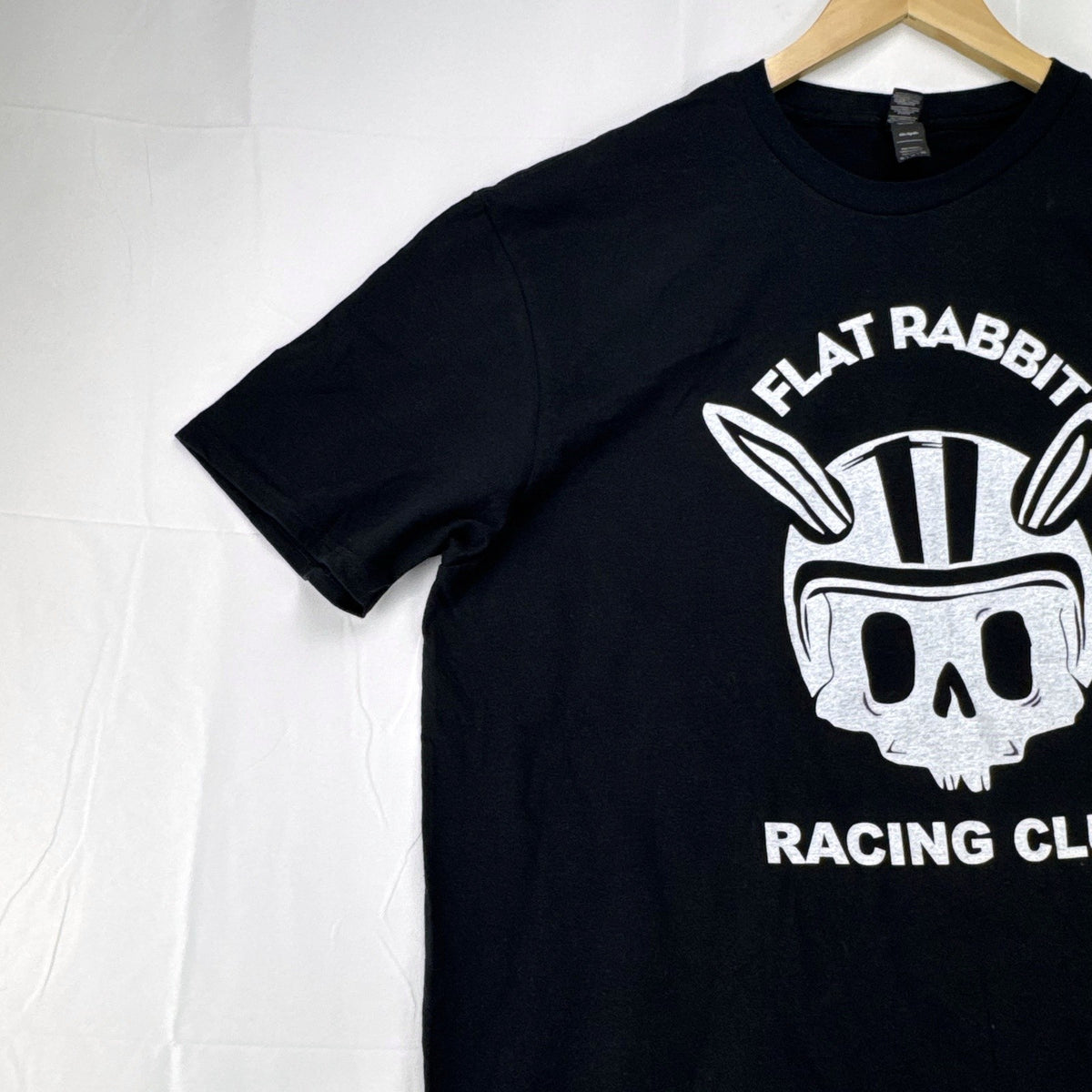 Black Anvil Men's XL Flat Rabbit Racing Club graphic t-shirt featuring helmeted bunny skull