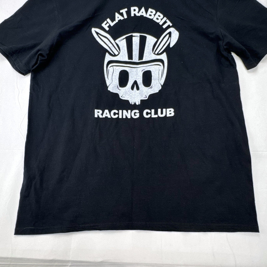 Black Anvil Men's XL Flat Rabbit Racing Club graphic t-shirt featuring helmeted bunny skull
