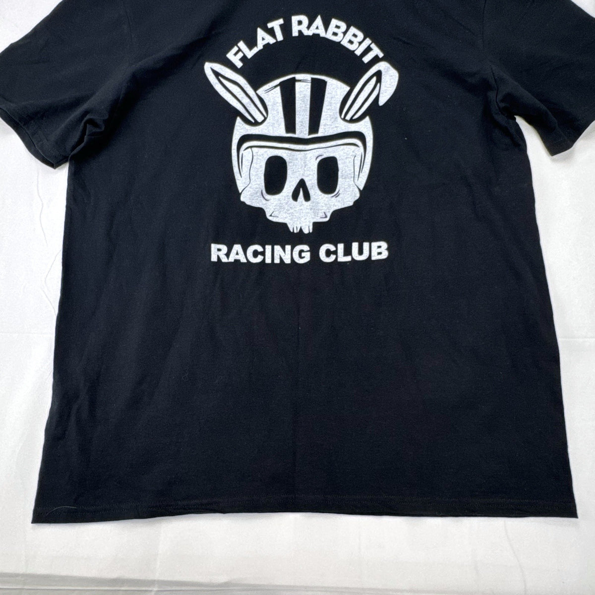 Black Anvil Men's XL Flat Rabbit Racing Club graphic t-shirt featuring helmeted bunny skull