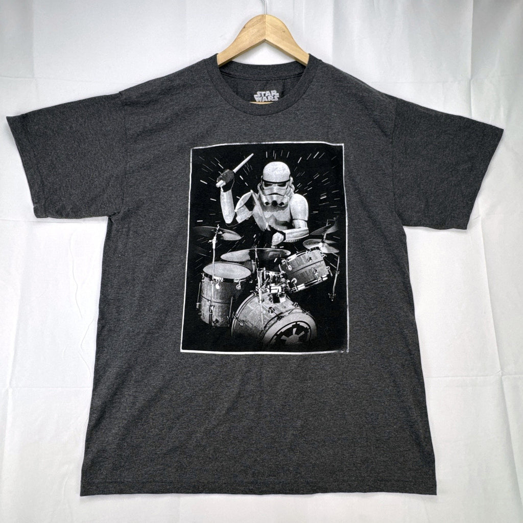 Star Wars men's size large heather charcoal gray t-shirt featuring a Stormtrooper drummer graphic.