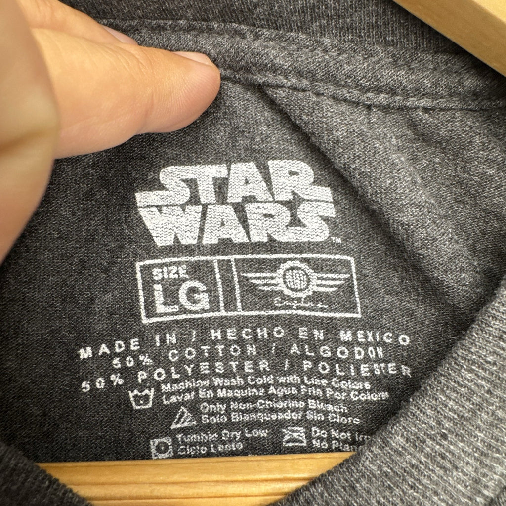Star Wars men's size large heather charcoal gray t-shirt featuring a Stormtrooper drummer graphic.