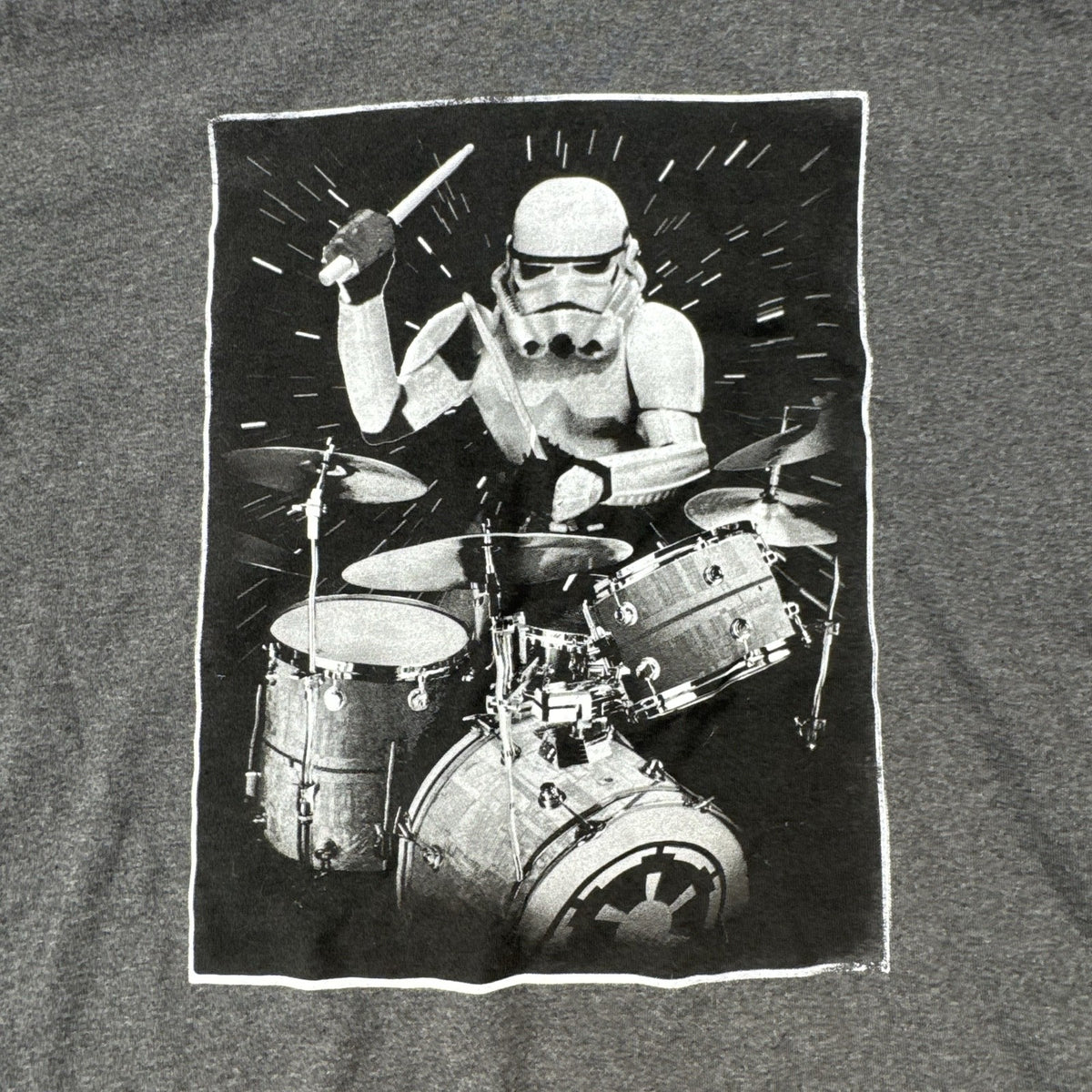 Star Wars men's size large heather charcoal gray t-shirt featuring a Stormtrooper drummer graphic.