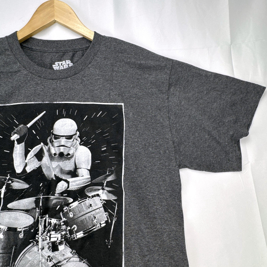 Star Wars men's size large heather charcoal gray t-shirt featuring a Stormtrooper drummer graphic.