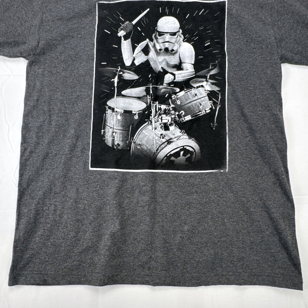 Star Wars men's size large heather charcoal gray t-shirt featuring a Stormtrooper drummer graphic.