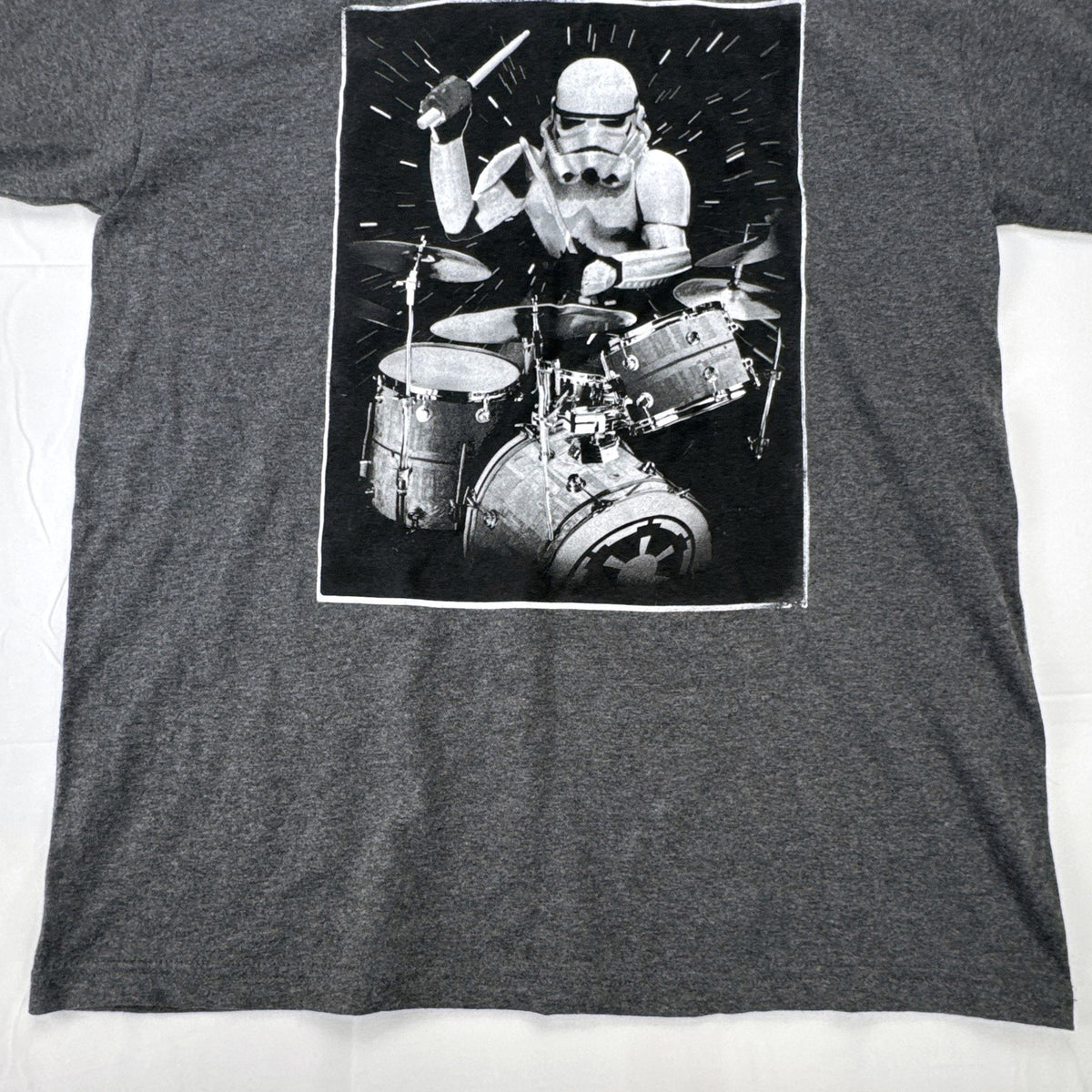 Star Wars men's size large heather charcoal gray t-shirt featuring a Stormtrooper drummer graphic.