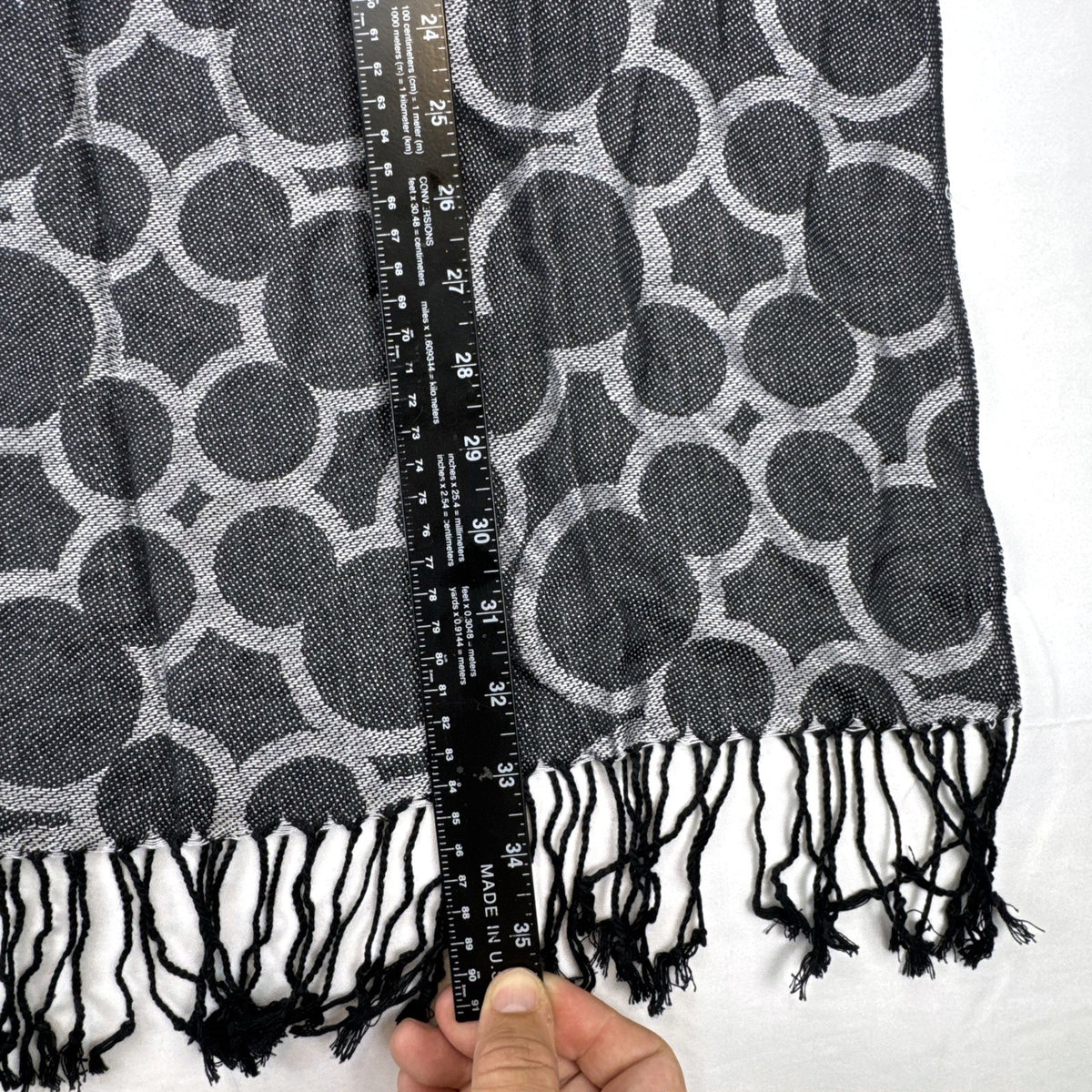 Disney Parks black and gray Mickey Mouse geometric jacquard knit scarf with knotted fringe trim