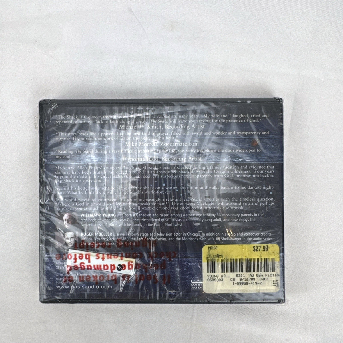 Factory-sealed Oasis Audio unabridged CD edition of The Shack by William P. Young in tall clamshell packaging.