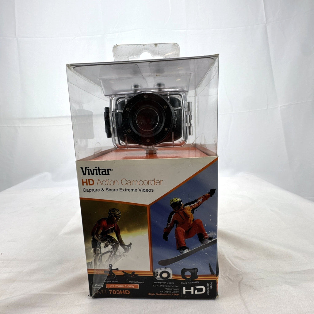Vivitar DVR 783HD action camcorder in black with waterproof case and mounts in original packaging
