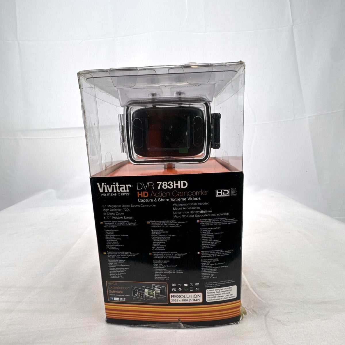 Vivitar DVR 783HD action camcorder in black with waterproof case and mounts in original packaging