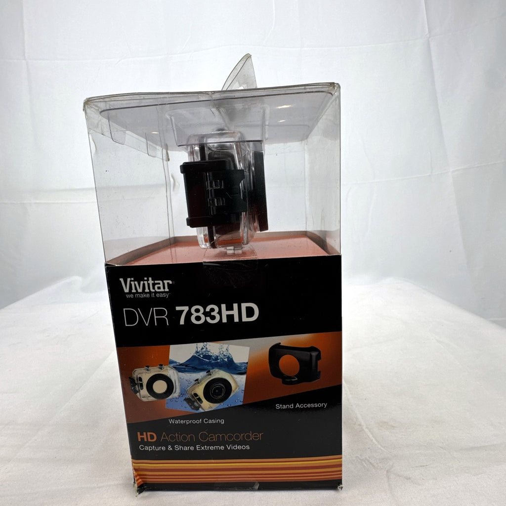 Vivitar DVR 783HD action camcorder in black with waterproof case and mounts in original packaging