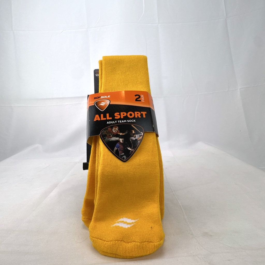 Bright yellow Sof Sole All Sport performance knee-high socks in original 2-pack retail packaging.
