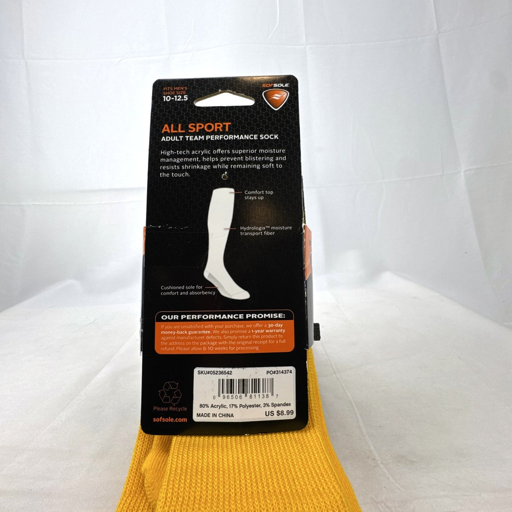 Bright yellow Sof Sole All Sport performance knee-high socks in original 2-pack retail packaging.