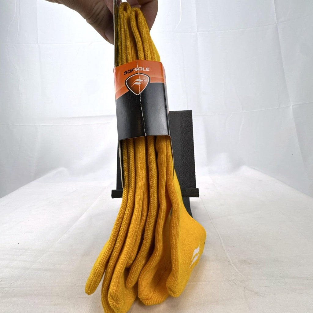 Bright yellow Sof Sole All Sport performance knee-high socks in original 2-pack retail packaging.