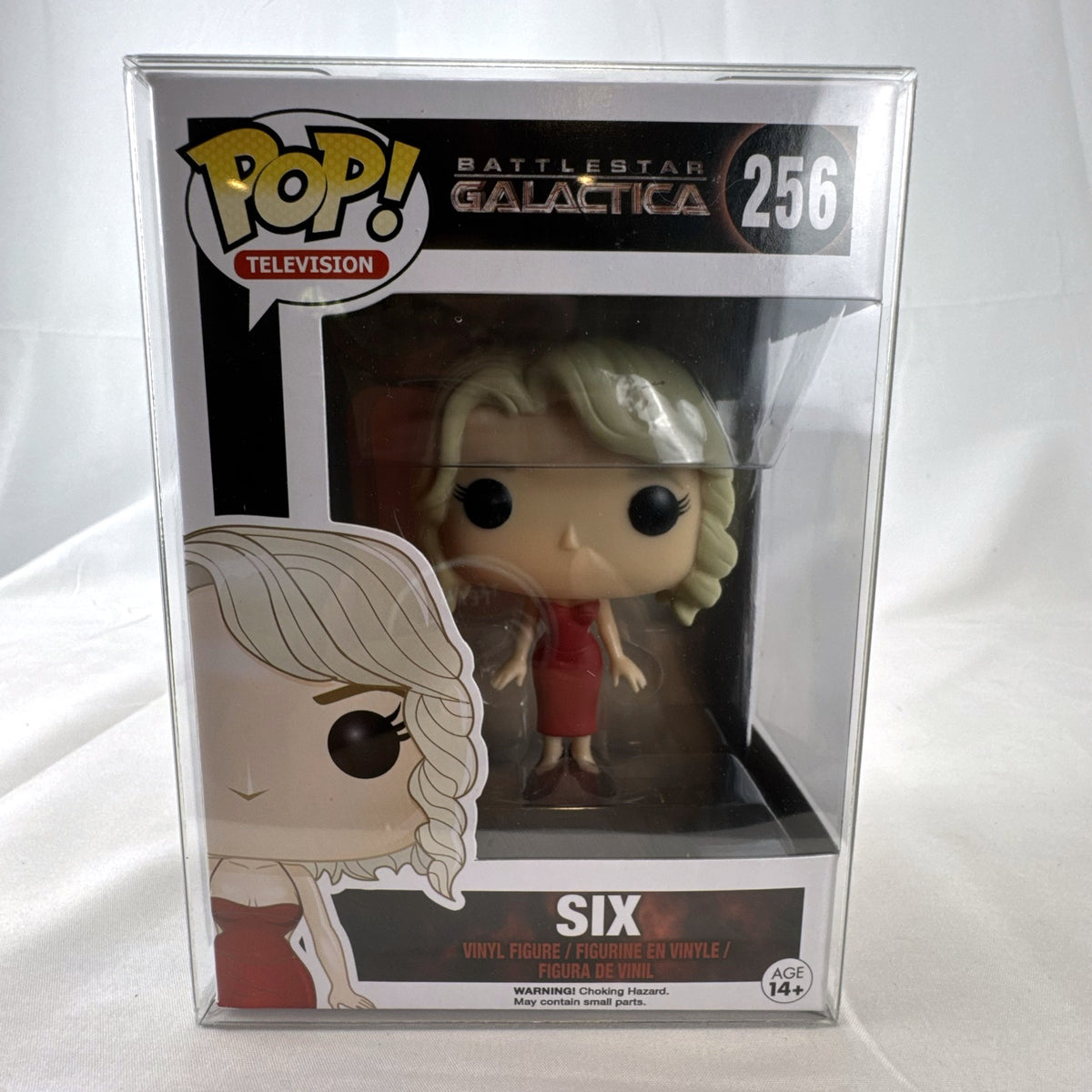 Funko Pop Television Battlestar Galactica Number Six figure #256 in unopened box inside clear protective case.
