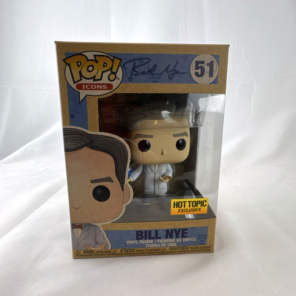 Funko Pop Icons Bill Nye with globe vinyl figure in unopened Hot Topic exclusive packaging.