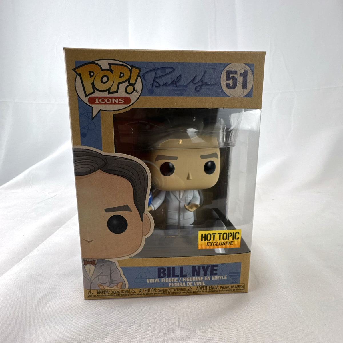 Funko Pop Icons Bill Nye with globe vinyl figure in unopened Hot Topic exclusive packaging.